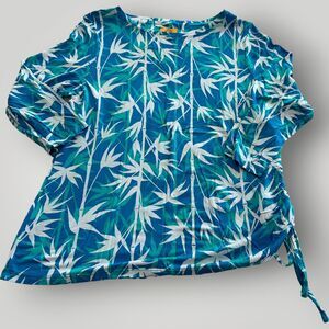 Ruby Rd Petite Women's PM Blue White Bamboo Print 3/4 Sleeve Cinch Side Top